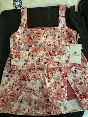 Shabby Chic Rose and Blush Floral sports bra and coordinating skirt.